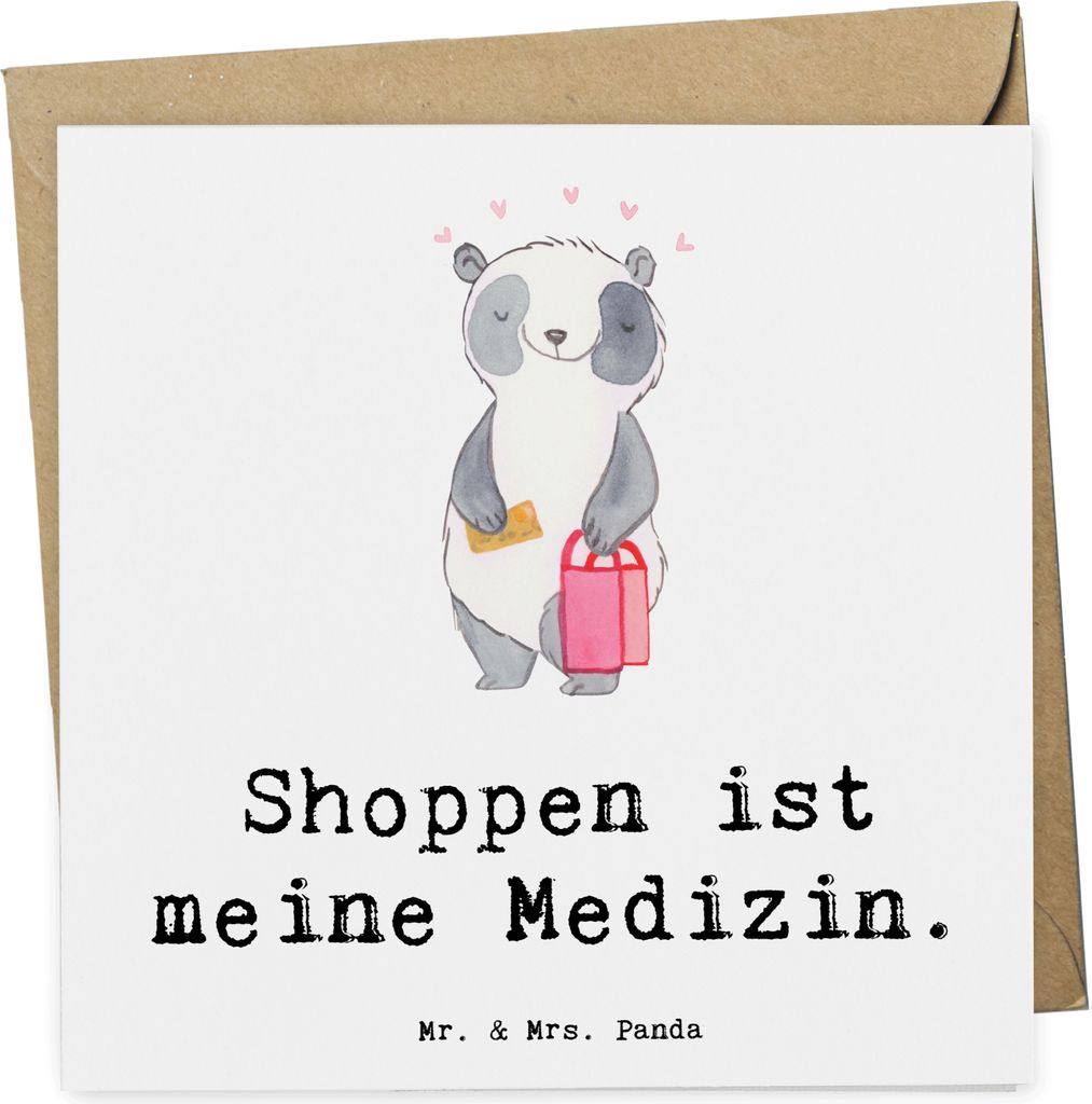 Mr. & Mrs. Panda Klappkarte Panda Shopping - Weiß - Geschenk, anlasskarte, Grußkarte, Shoppen, doppelkarte, Glückwunschkarte, faltkarte, Einkaufen