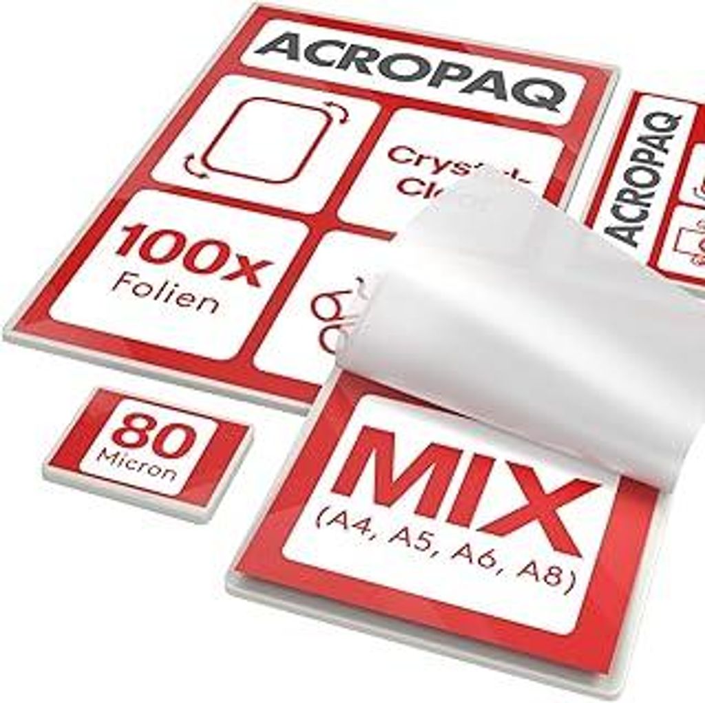 ACROPAQ Laminierfolien MIX - Verschiedene Größen, 80 Mikron, 100 Hüllen (20 x A4, A5, A6), (40 x A8), Glänzende Oberfläche, Vorgerundete E...