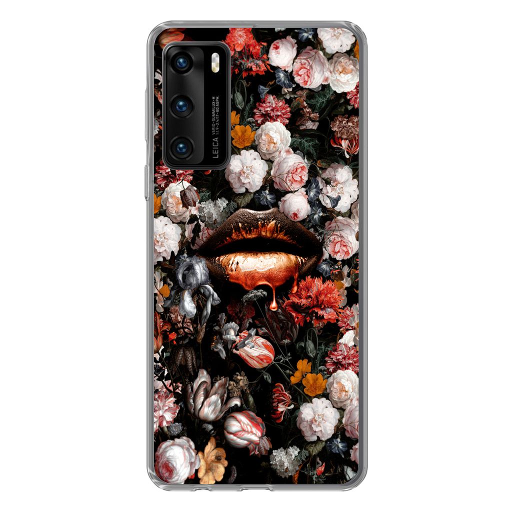 MuchoWow Handyhülle Schutzhülle Hülle für Huawei P40 Lippen - Blumen - Farbe - Orange - Kunst - Abstrakt - Alte Meister Silikon Softcase Hand...