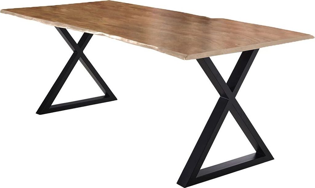 Esstisch 240x100 cm Lubin, Akazienholz naturfarben, Massiver Esszimmertisch mit echter Baumkante, Baumkantentisch mit geschlossenem X-Gestell Schwa...