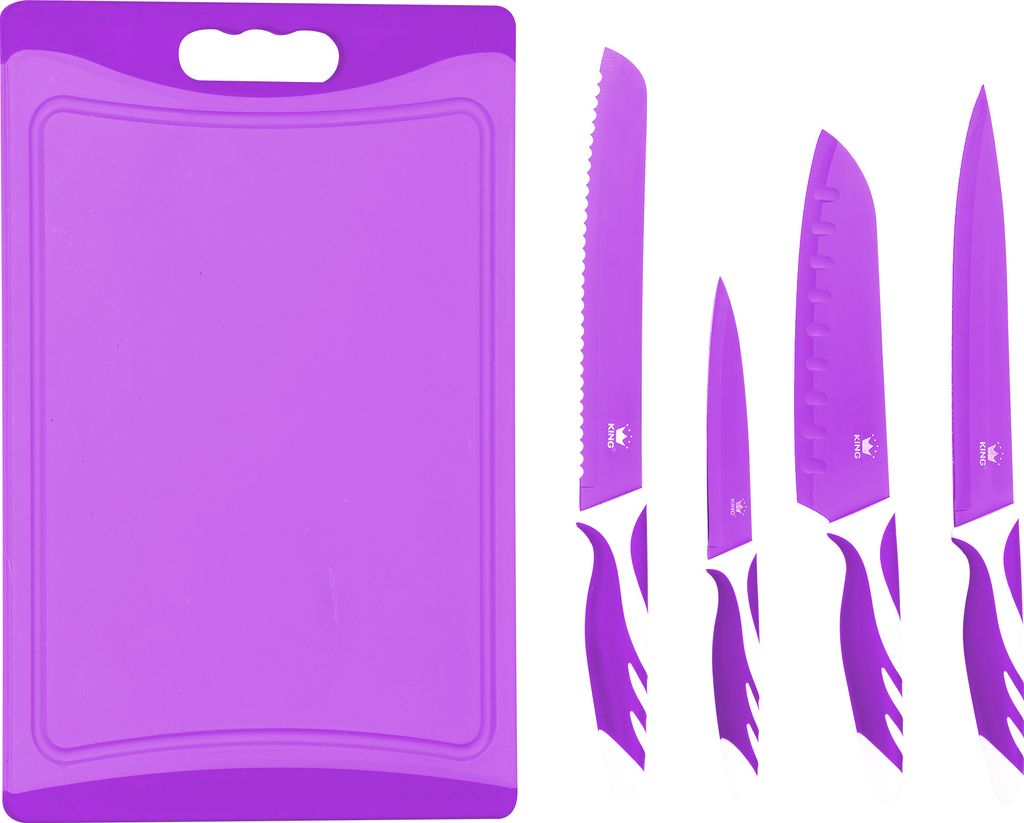 5tlg. KING Messer- und Schneidebrettset / Farbe: Beere / 4 Messer / 1 Schneidebrett