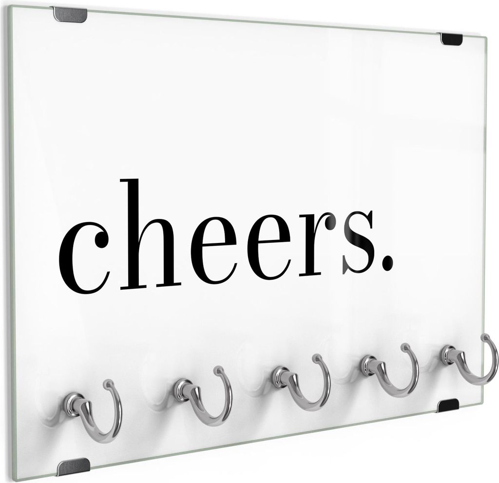 DEQORI Schlüsselbrett Glas 30x20 cm 'Cheers - Schriftzug' Schlüssel Halter Board Haken