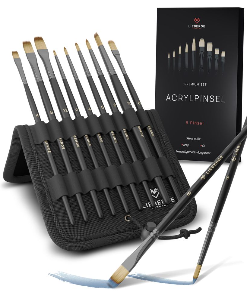 LIEBERGE Premium Pinselset Acrylfarben – 9 Acrylpinsel + Produktbild 