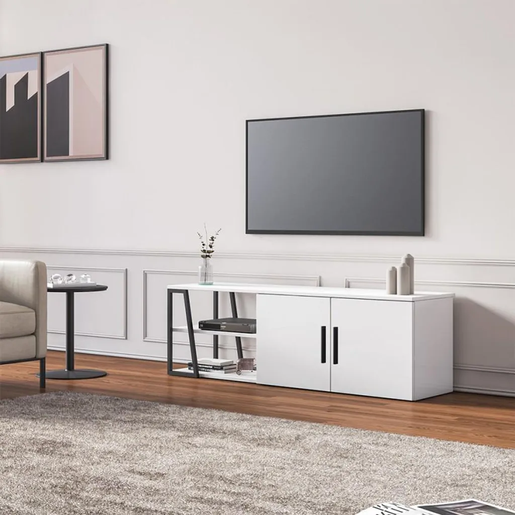 Banc TV 150 cm Hyeres Blanc Laqué et Noir - Meuble de Salon Scandinave