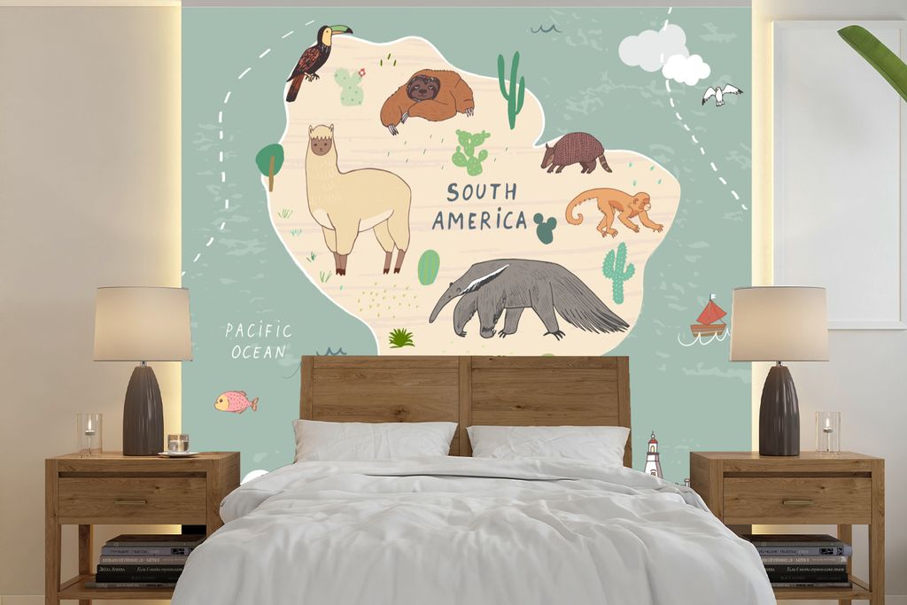 MuchoWow Fototapete für Wohnzimmer oder Schlafzimmer Wandtapete Vinyl Motivtapete Weltkarte Kinder - Tiere - Türkis - Jungen - Blau - Kinder - ...