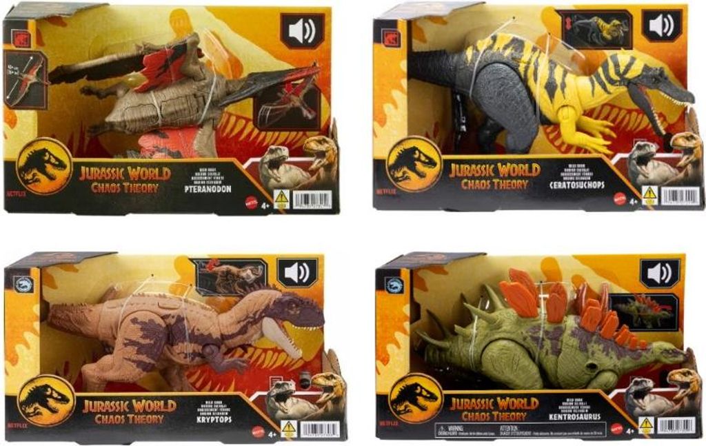 A collage of four Jurassic World Chaos Theory dinosaur toys in their packaging.
