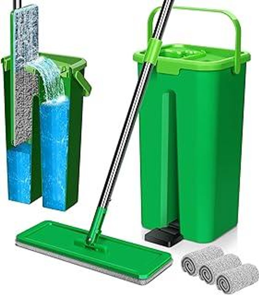 Myiosus Wischmopp Set mit Eimer, Bodenwischer Set, Flachmopp mit Auswringfunktion für Trockenen und Nässe, Fliesen, Parkett, Laminat