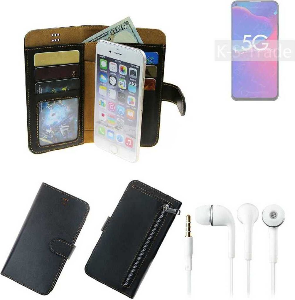 TOP SET Handy Hülle Schutz Hülle kompatibel mit ZTE Axon 11 SE schwarz aus Kunstleder + Kopfhörer Smartphone Tasche vollwertige Geldbörse