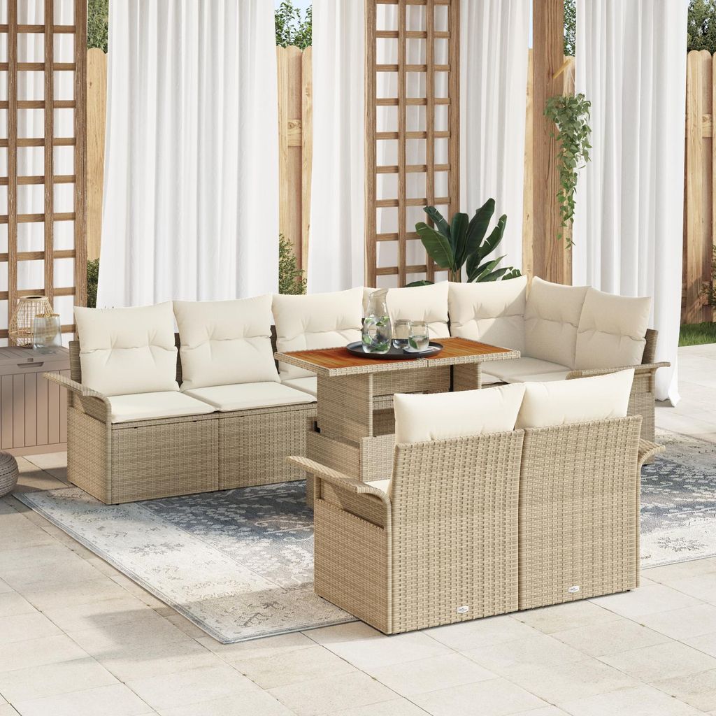 9-teiliges Garten Sofa Set mit Kissen Beige Poly Rattan, Design Gartensofas Neu