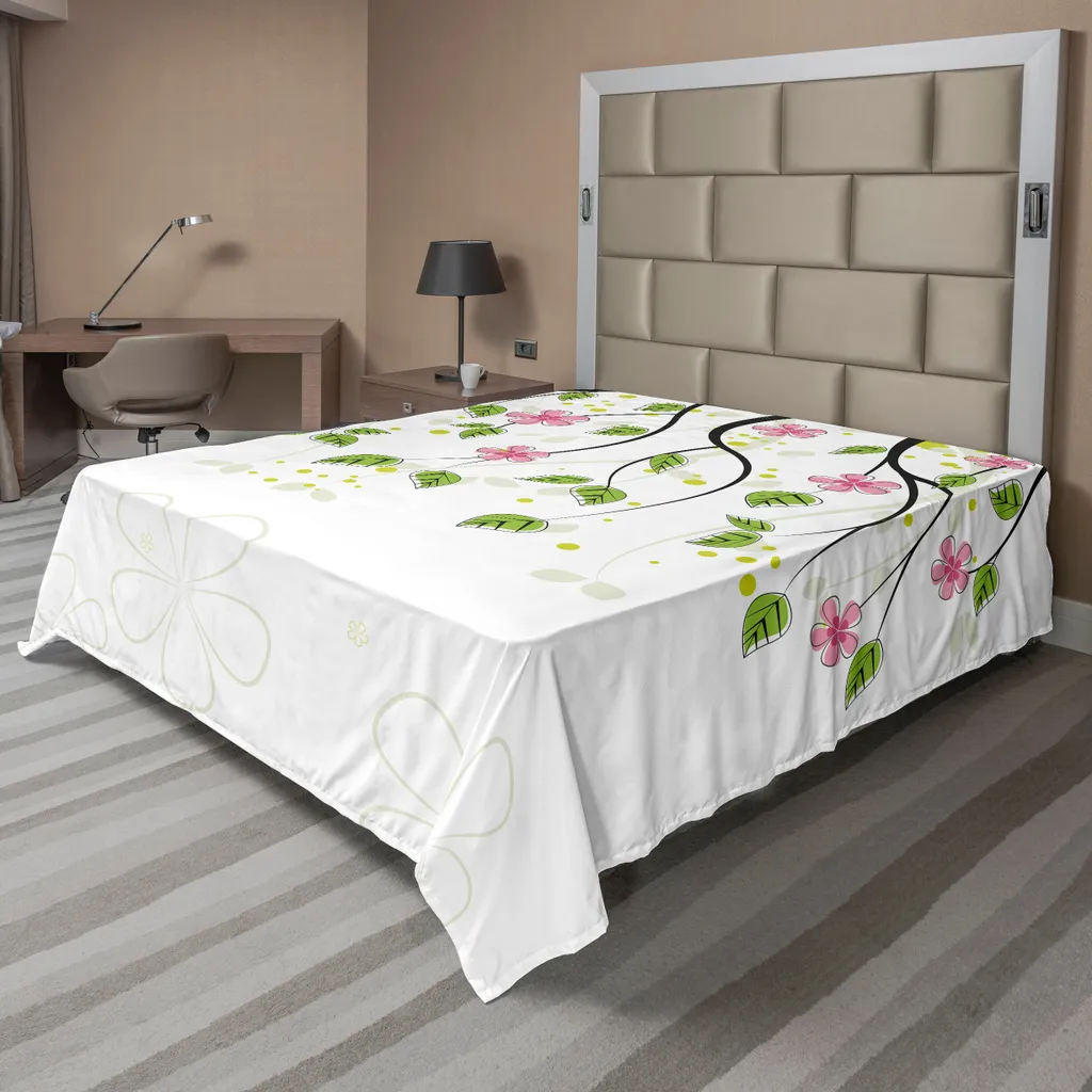 Drap Plat Supérieur Décoratif à Motif Nature 266x260cm Vert et Rose