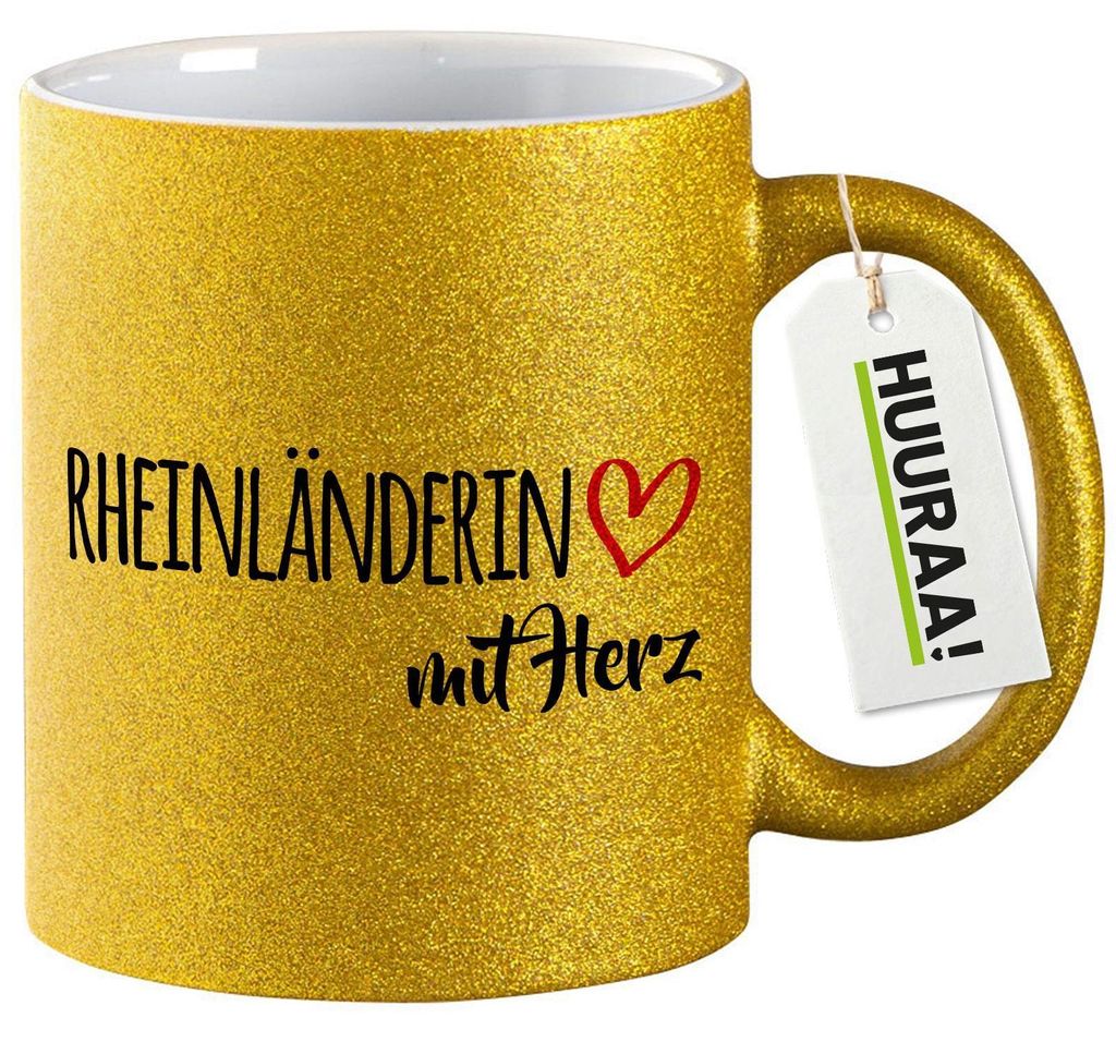 Huuraa Glitzertasse Rheinländerin mit Herz 330ml Gold Keramik Kaffeebecher Geschenkidee