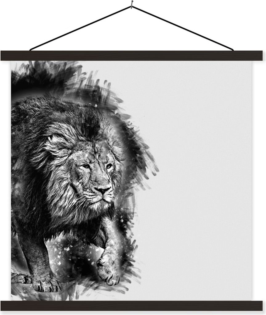 MuchoWow Textilposter Löwe - Schwarz - Weiß 90x90 cm mit schwarzem Rahmen - Magnetisches