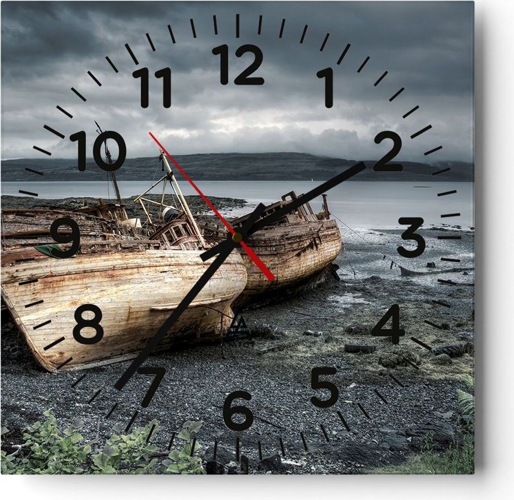 Wanduhr - Quadrat - Glasuhr - Boot Wrack Ufer - 40x40cm - Schleichendes Uhrwerk - Lautlos - zum Aufhängen bereit - Dekoration Modern - Wanddekorat...