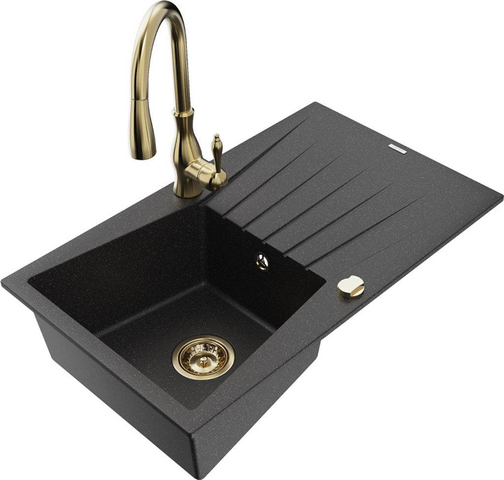 Mexen Cesar 1 Becken-Granitspüle mit Abtropffläche und Mischbatterie Savita, Schwarz/Silbermetallic - 6514-73-672601-50