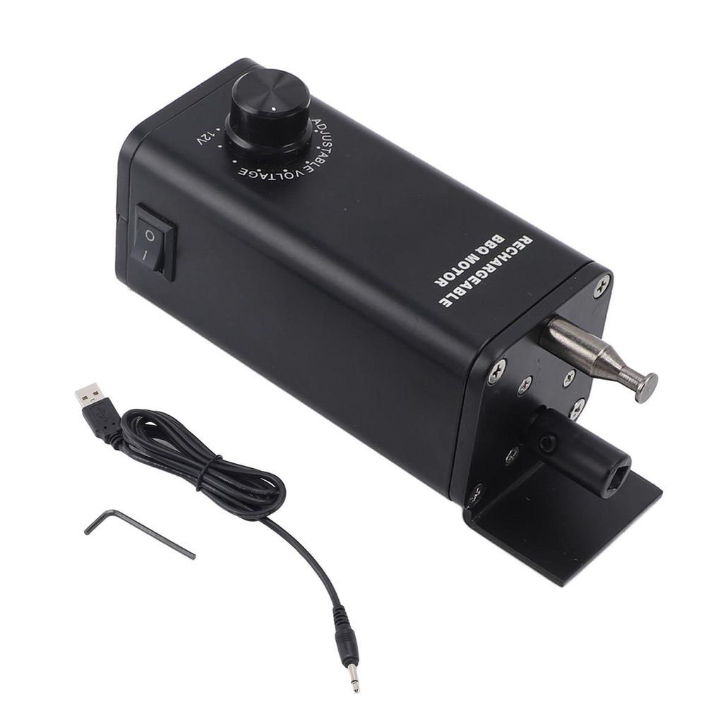A black electric BBQ motor with accessories on a white background.
