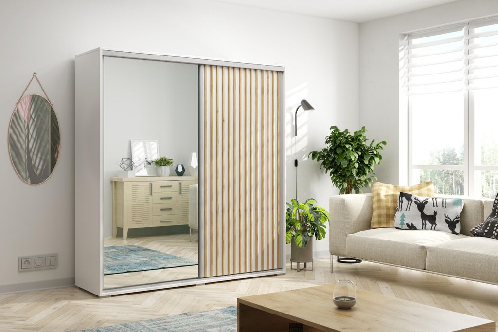 KAIR Kleiderschrank mit Spiegel und Schiebetüren - mit Einlegeböden und Kleiderstange- Modern- mit Lamellen -Weiß und Eiche-Imitat - 200B, 215H,...