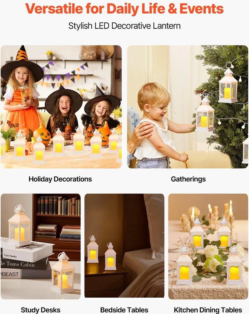 12 lanterne decorative per candele, candele elettriche LED senza fiamma, supporto LED in plastica con vetro, lanterne da appendere alla parete per interni e verande, per tavoli di nozze, feste, arredamento interno in stile rustico, bianco - 6
