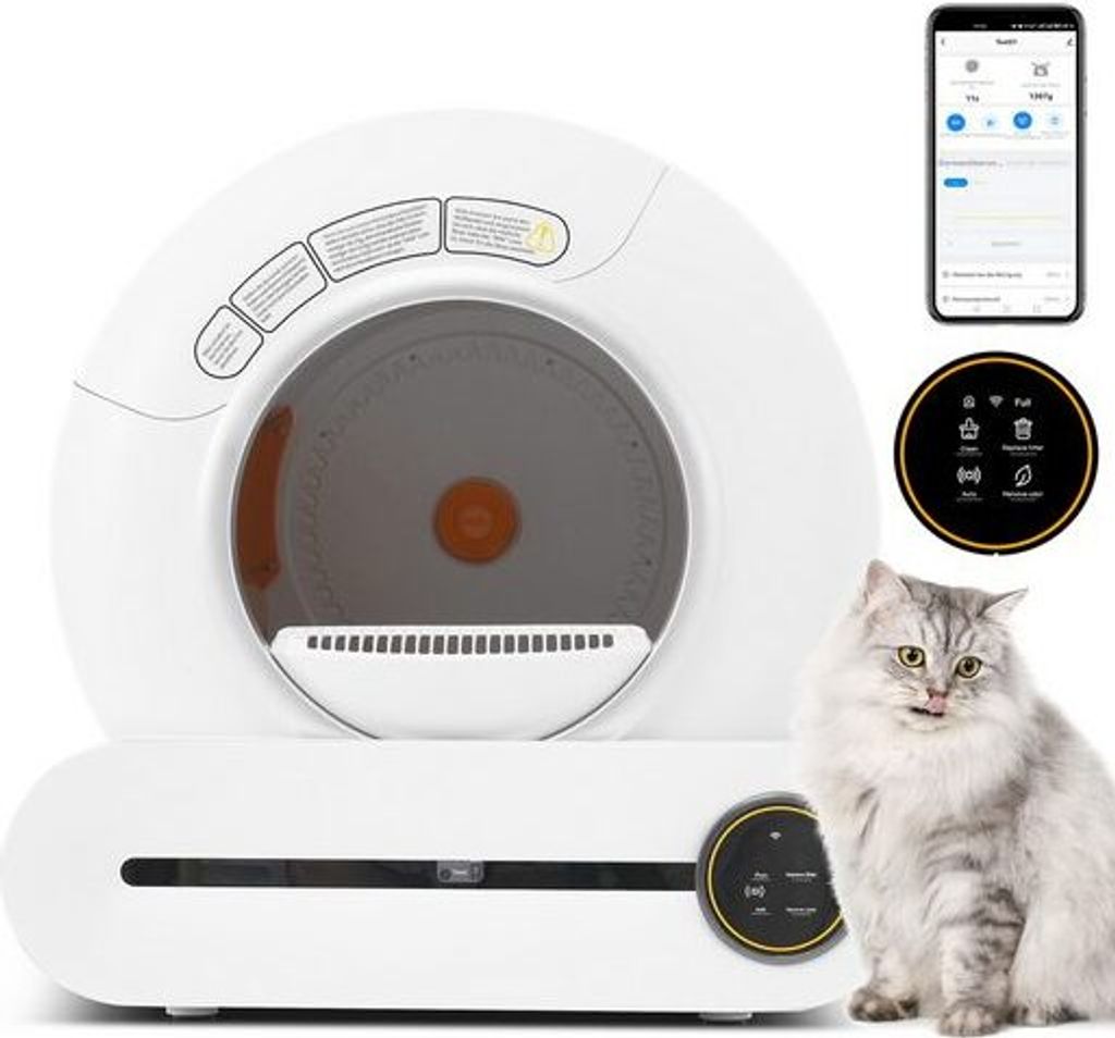 65L Adaptive selbstreinigende Katzentoilette fuer mehrere Katzen APP-gesteuert, sichere Kindersicherung geeignet fuer viele Arten von Streu Muelleimer