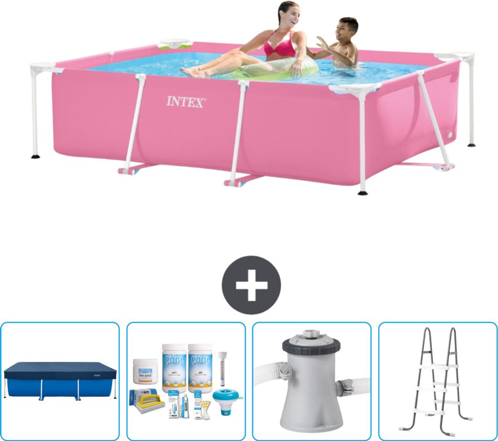 Intex-Schwimmbecken mit rechteckigem Rahmen – 220 x 150 x 60 cm – Rosa – im Lieferumfang enthalten Abdeckung - Wartungspaket - Filterpumpe f...