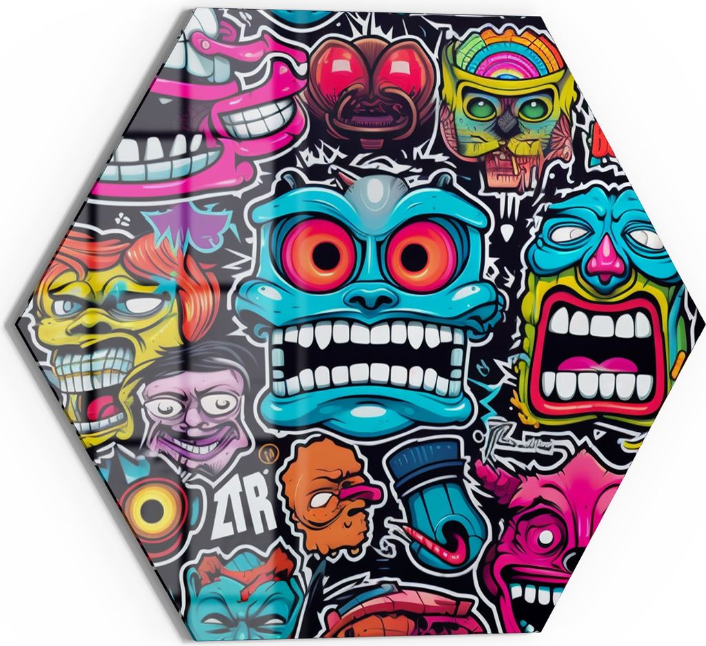 DEQOART Magnettafel Glas 40x35 cm 6-eckig 'Farbenfrohe Charaktere' beschreibbar Whiteboard Küche
