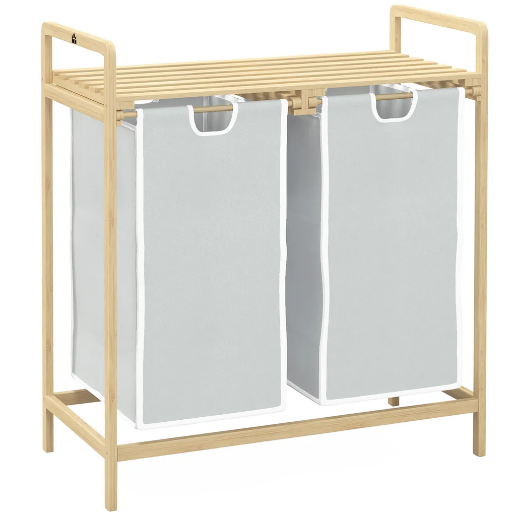 Panier à linge coulissant en bambou et tissu crème gain de place 63cm
