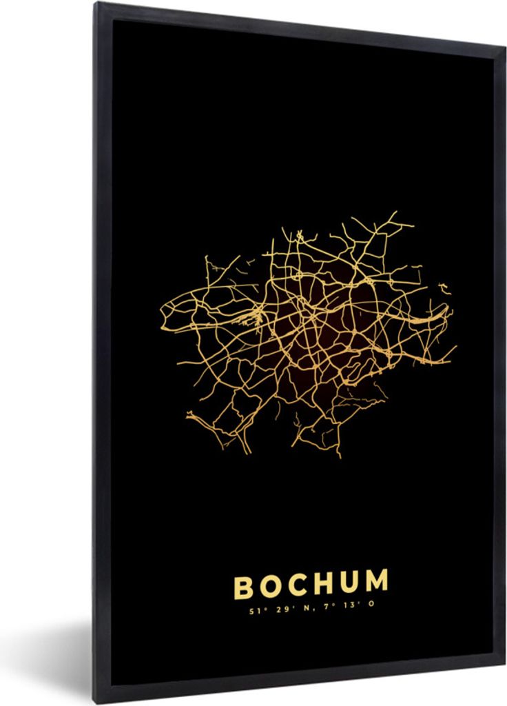 MuchoWow Gerahmtes Poster Stadtplan - Gold - Karte - Bochum 40x60 cm - Poster mit Schwarzem Bilderrahmen Wandposter Rahmen Foto Bilder - Papierdr...