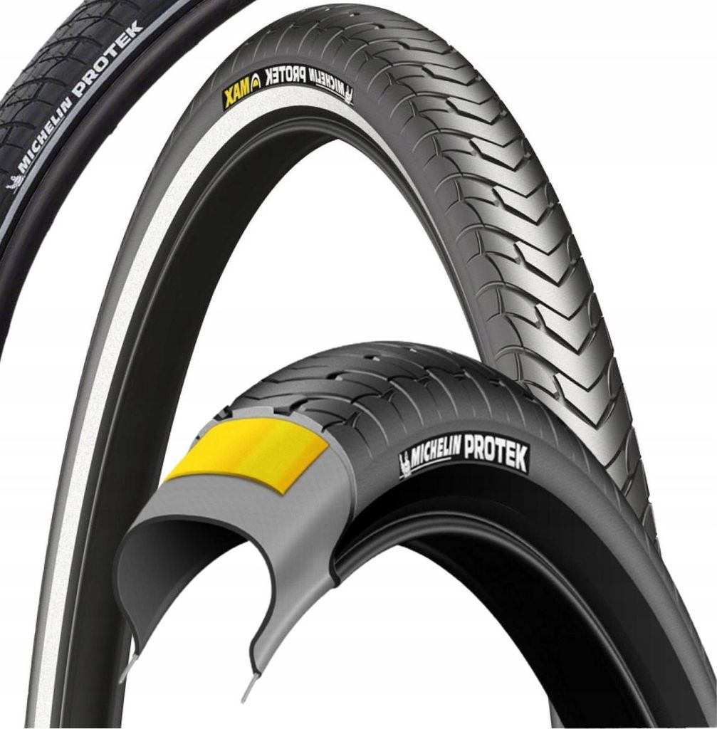 Three bicycle tires are shown against a white background. One tire is cut open to reveal its internal structure.