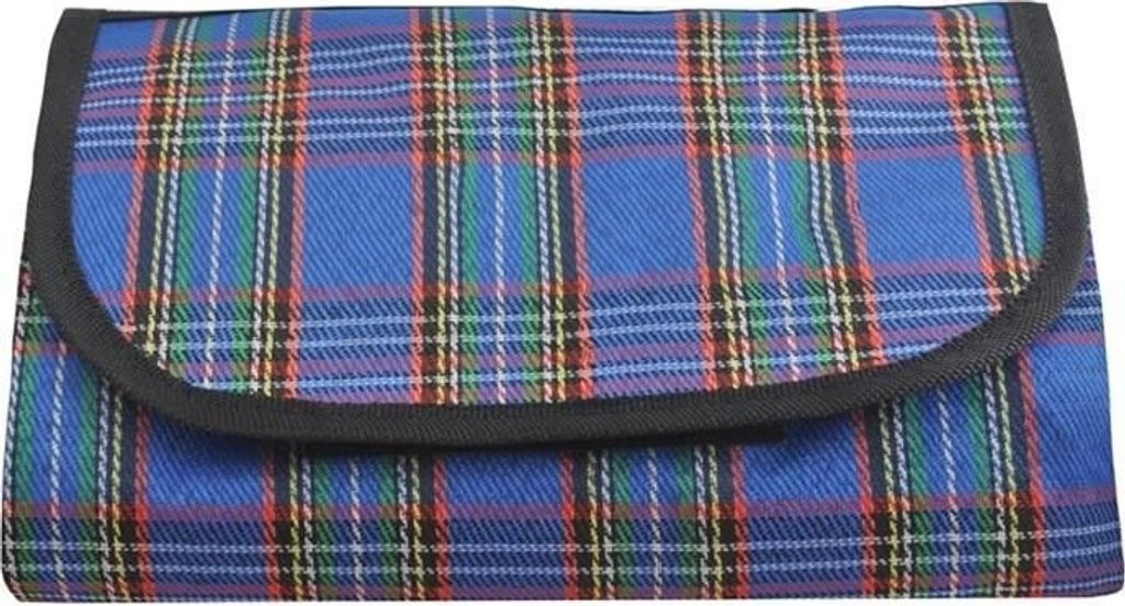 A folded picnic blanket with a blue, green, and red plaid pattern, edged in black.