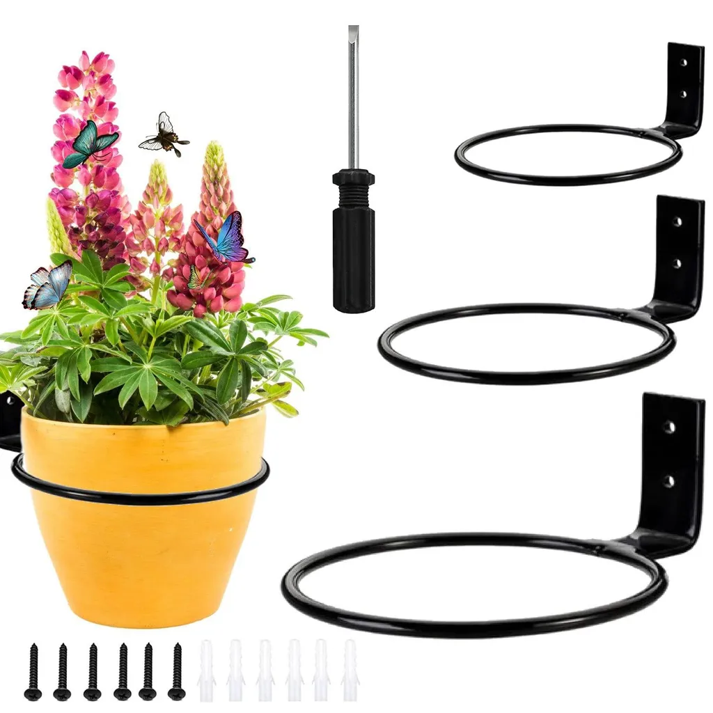 Support pot de fleur mural en métal rond noir multi-tailles kit de 3