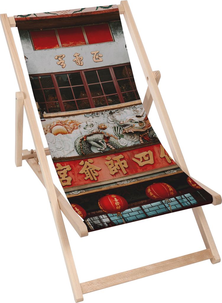 Dreamroots Liegestuhl klappbar Holz bis zu 130 kg, Sonnenliege klappbar mit 3-stufiger Neigungsregulierung der Rückenlehne, Chinese Townhouse