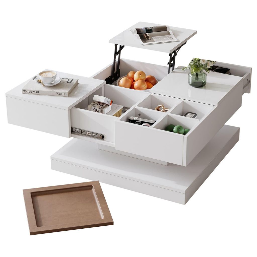Couchtisch Anhebbarer Multifunktionstisch,Sofatisch mit 4 Fächern,Wohnzimmertisch in Hochglanz,Beistelltisch,kaffeetisch,Geometrischer Tisch