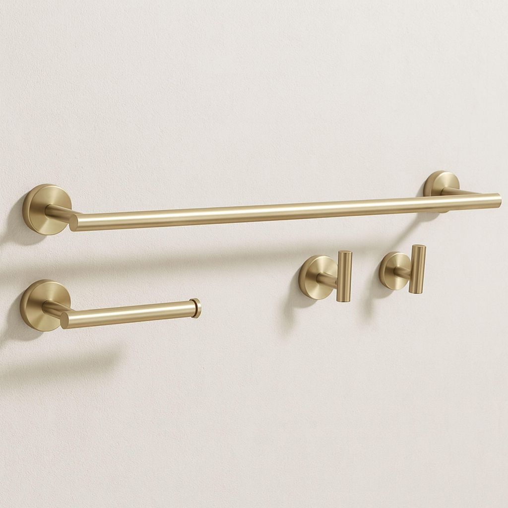 A set of bathroom hardware, including a towel bar, toilet paper holder, and two hooks, mounted on a light-colored wall.