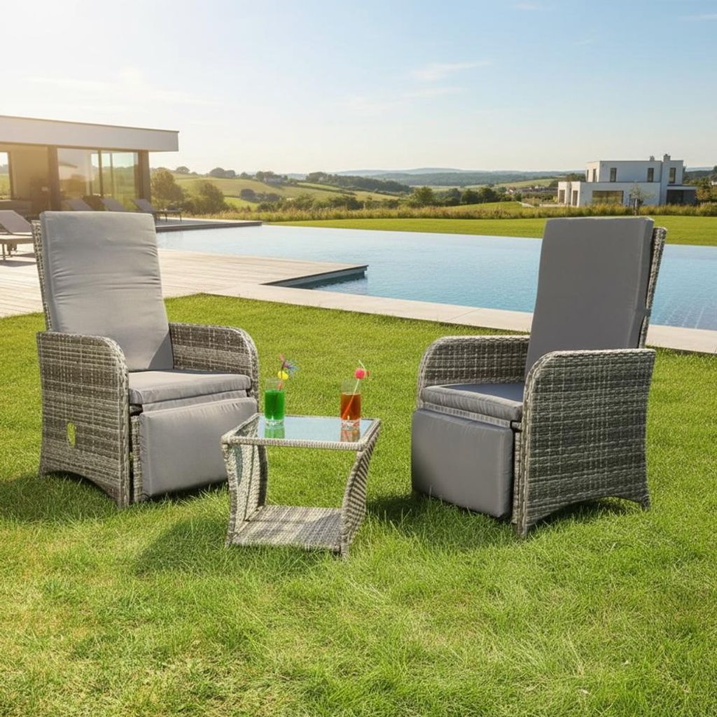 Melko Sitzgarnitur 2 Sessel Tisch Polyrattan Gartenmöbel Essgruppe - Grau
