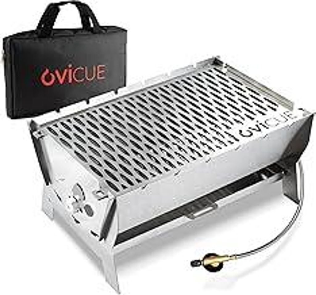 Grill | Mobiler Steck-Gasgrill – Tragbarer Edelstahlgrill mit Stecksystem – Gas- & Holzkohlebetrieb – Inkl. Tragetasche – Perfekt für Camp...