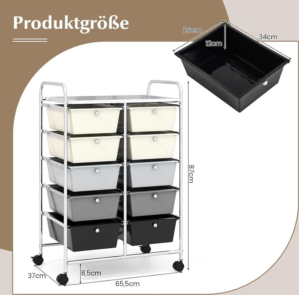 COSTWAY Vozík s 10 stohovateľnými zásuvkami, zásuvkový Obrázok produktu 6