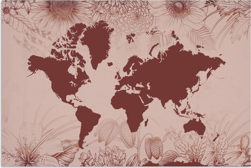 MuchoWow Poster Weltkarte - Blumen - Rot 120x80 cm - Bilder