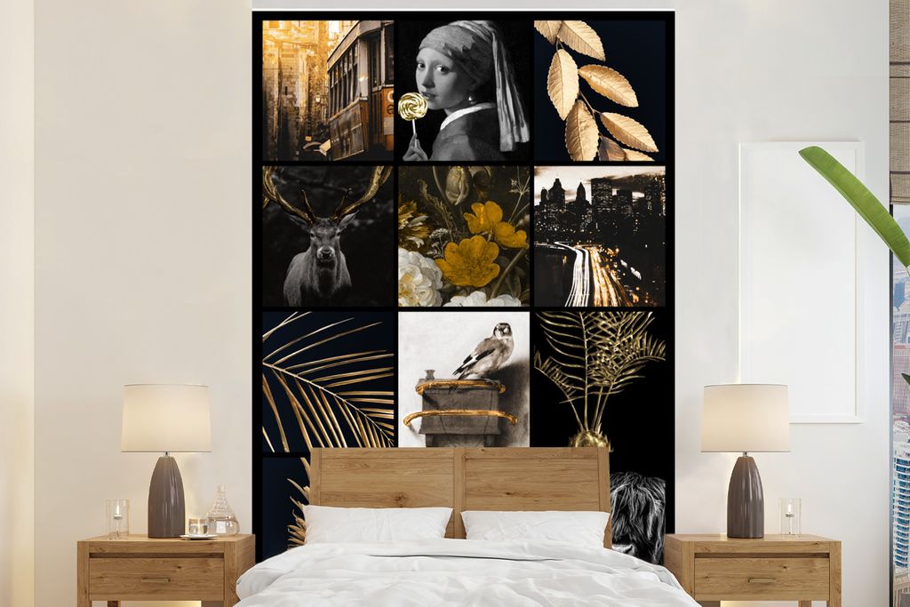 MuchoWow Fototapete für Wohnzimmer oder Schlafzimmer Wandtapete Vinyl Motivtapete Collage - Gold - Kunst - Blumen - 155x240 cm - Tapete