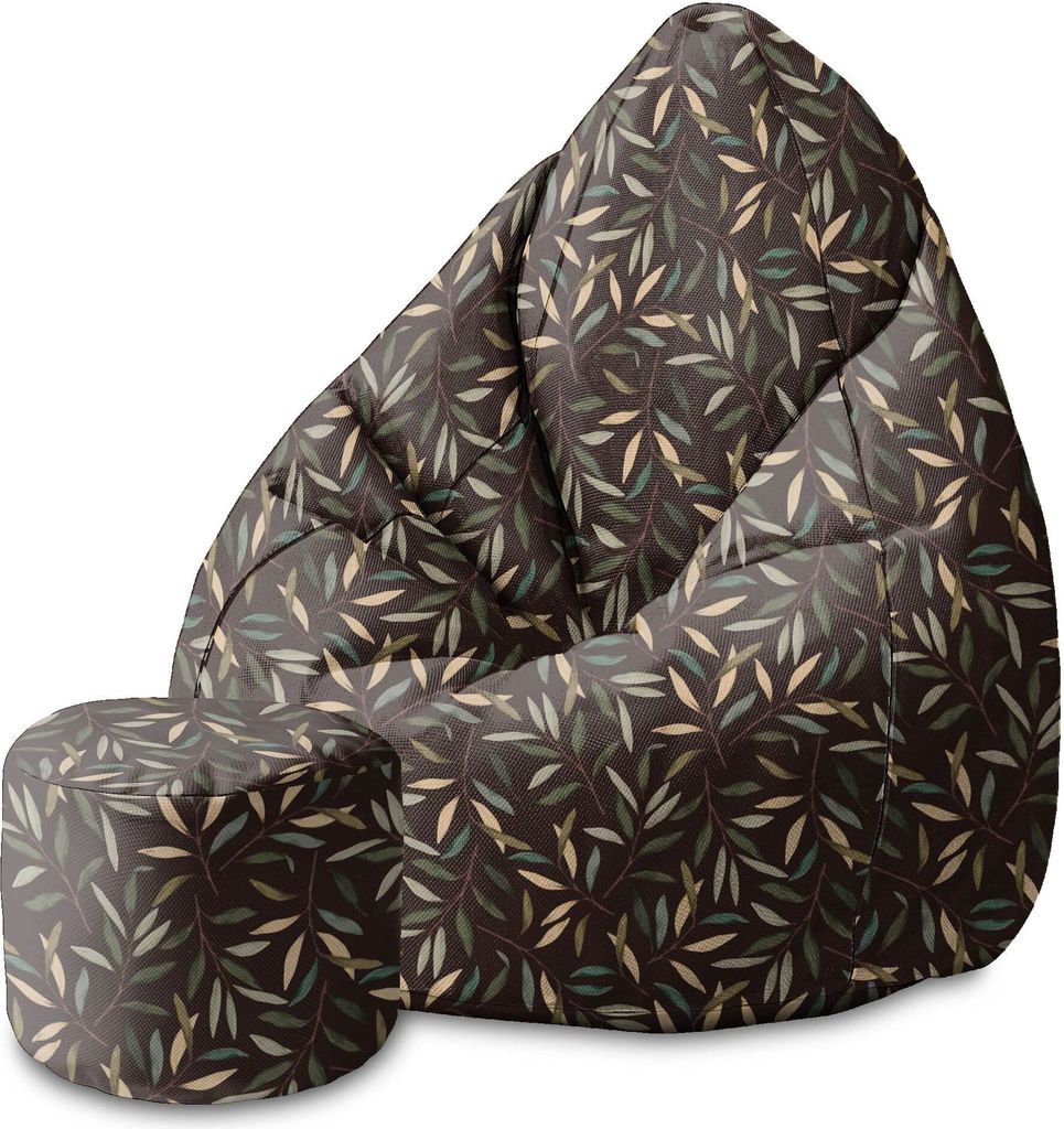 Dreamroots Bean Bag 80x80x120cm Sitzsack mit Lehne und Hocker und Bezug Sitzsack Sitzsack mit Füllung Sitzsack Erwachsene mit Füllung Retro Leaves