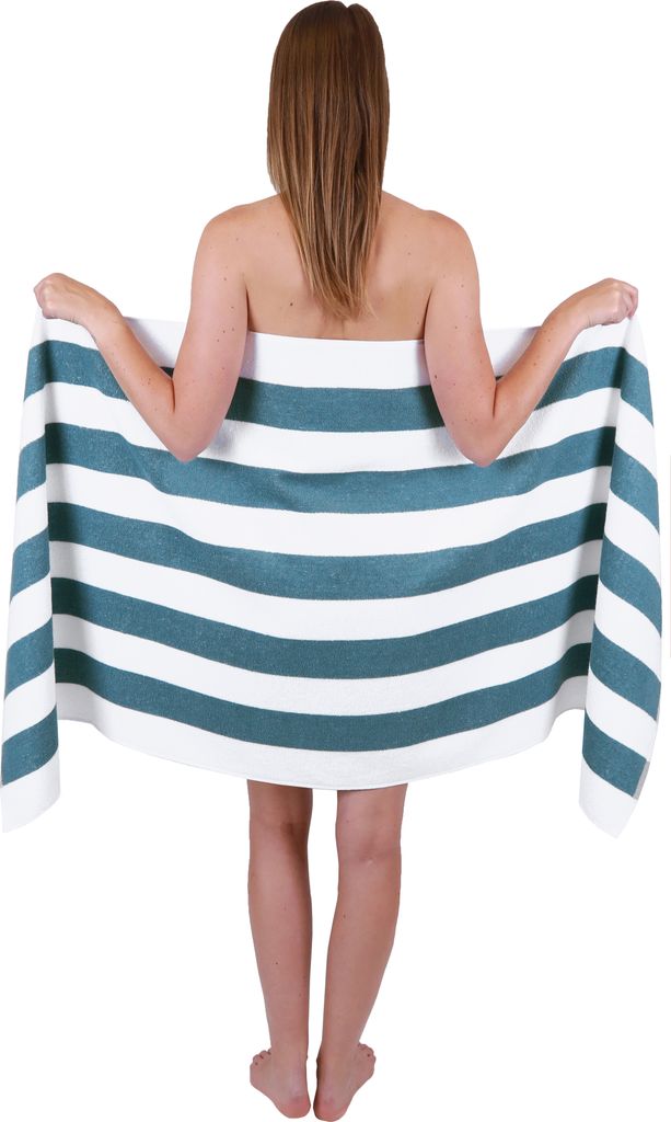 Betz XXL Saunatuch 70 x 180 cm STREIFEN BERLIN Badetuch 100% Baumwolle Farbe – weiss/taubenblau