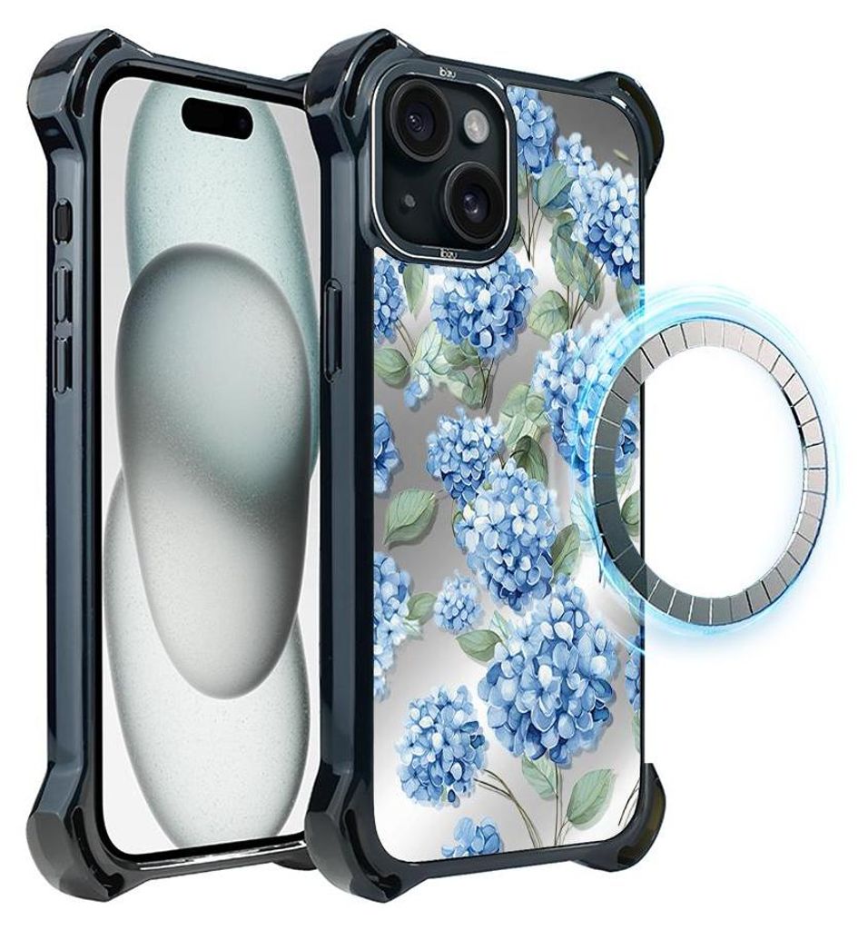 Schutzhülle für das iPhone 15, MagSafe-kompatibel, verstärkte Ecken, schwarz, Hortensienblüten