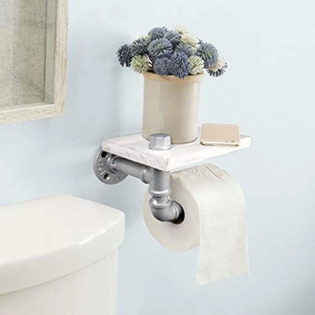 Accessoire papier toilette anti-rouille bois blanc et fonte argent