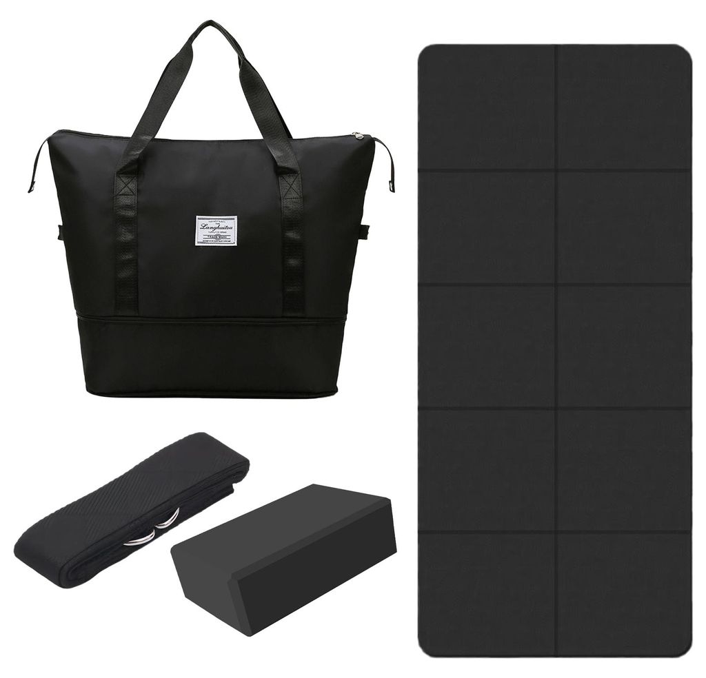 ProximaX Reise-Yoga-Set 4-teilig, Schwarz, mit faltbarer Yogamatte, Yogablock, Yogagurt & praktischer Tragetasche