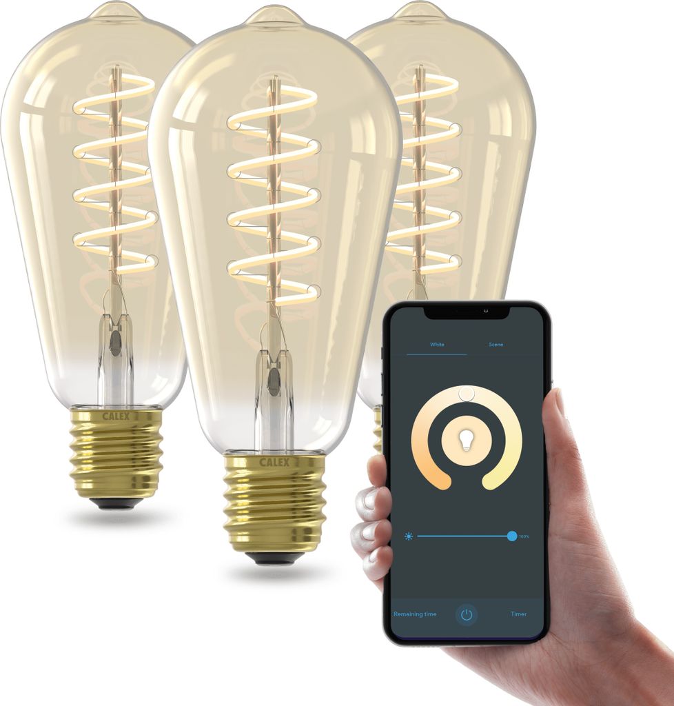 Calex Smart LED Glühbirne E27 Edison, warmweiß, dimmbar, WLAN mit Bluetooth Gateway, App- & Sprachsteuerung, 3-pack