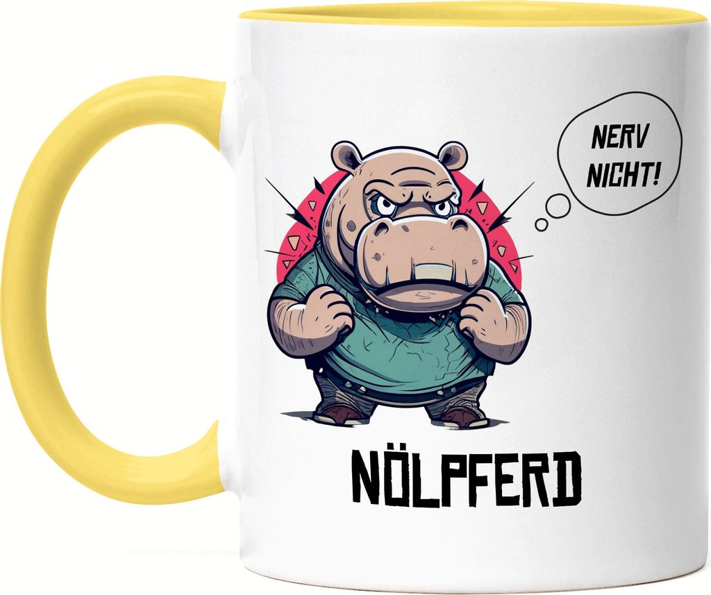 Nerv nicht Nölpferd Tasse Gelb Wortwitz Kollegen Chef Sarkasmus Arbeit Büro