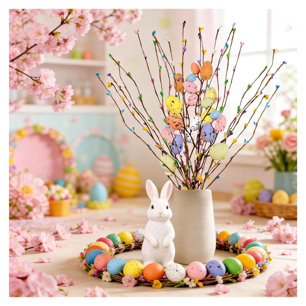 Osterzweige Dekoset mit Bunten Eiern – 12 Frühlingszweige und 1 Eierzweig, Künstliche Osterdekoration für Vase, Osterstrauch, Tischdekoration ...