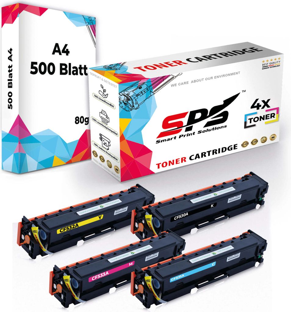 Druckerpapier A4 + 4x Multipack Set Kompatibel für HP Color LaserJet Pro MFP M 180 n (205A/CF531A, CF533A, CF532A, CF530A) Toner