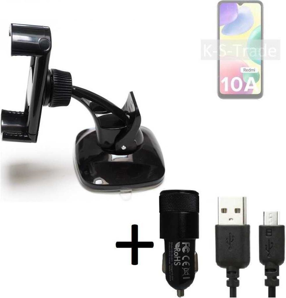 K-S-Trade Halterung kompatibel mit Xiaomi Redmi 10A Windschutzscheibe / Armaturenbrett + LADEGERÄT mit Mico USB Kabel Autohalterung KFZ Halter