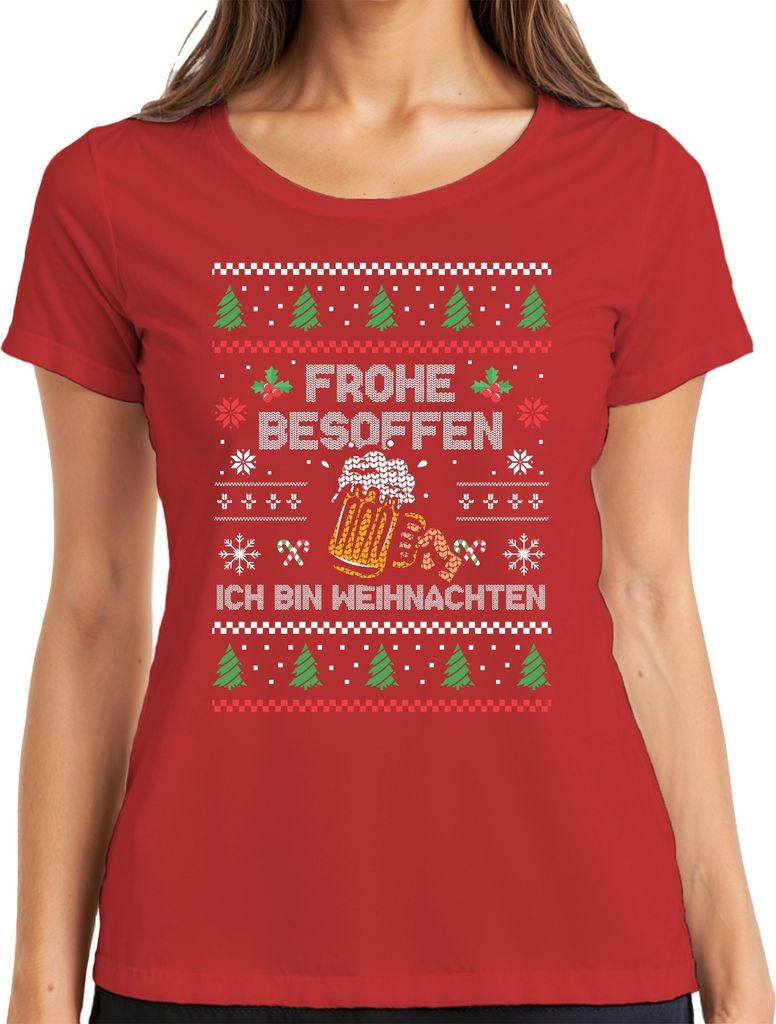 Frohe Besoffen Lustiger Weihnachtsspruch - Weihnachten Weihnachtsgeschenk Christmas Damen T-Shirt, Rot, XL