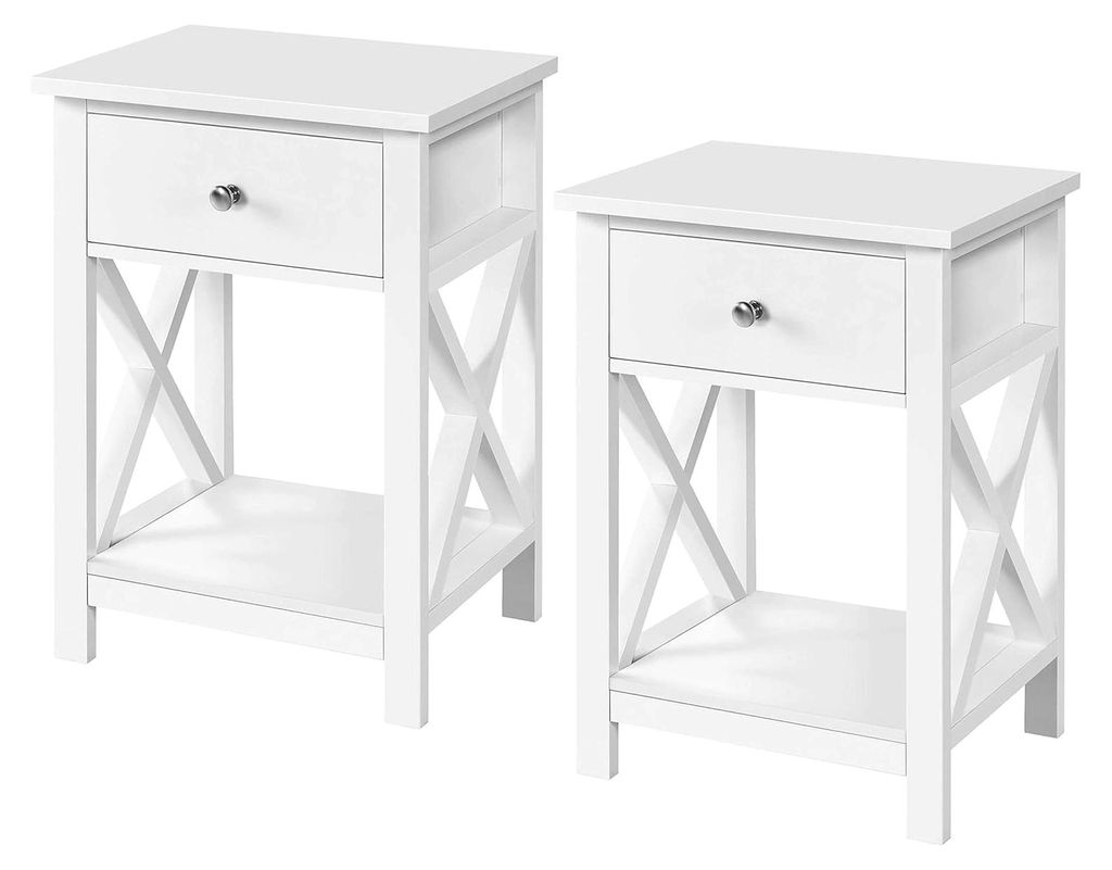 2er Set Nachttisch Beistelltisch mit Schublade und Ablage, kleiner Couchtisch in X-Form für Schlafzimmer und Flur, Weiß, 40 x 30 x 55 cm