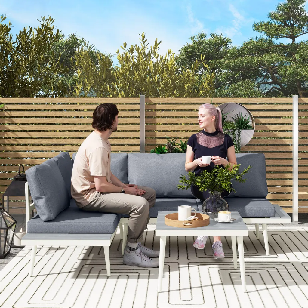 Outsunny Salon de Jardin d'Angle Modulable 3pcs - Gris, Canapé & Table - 2